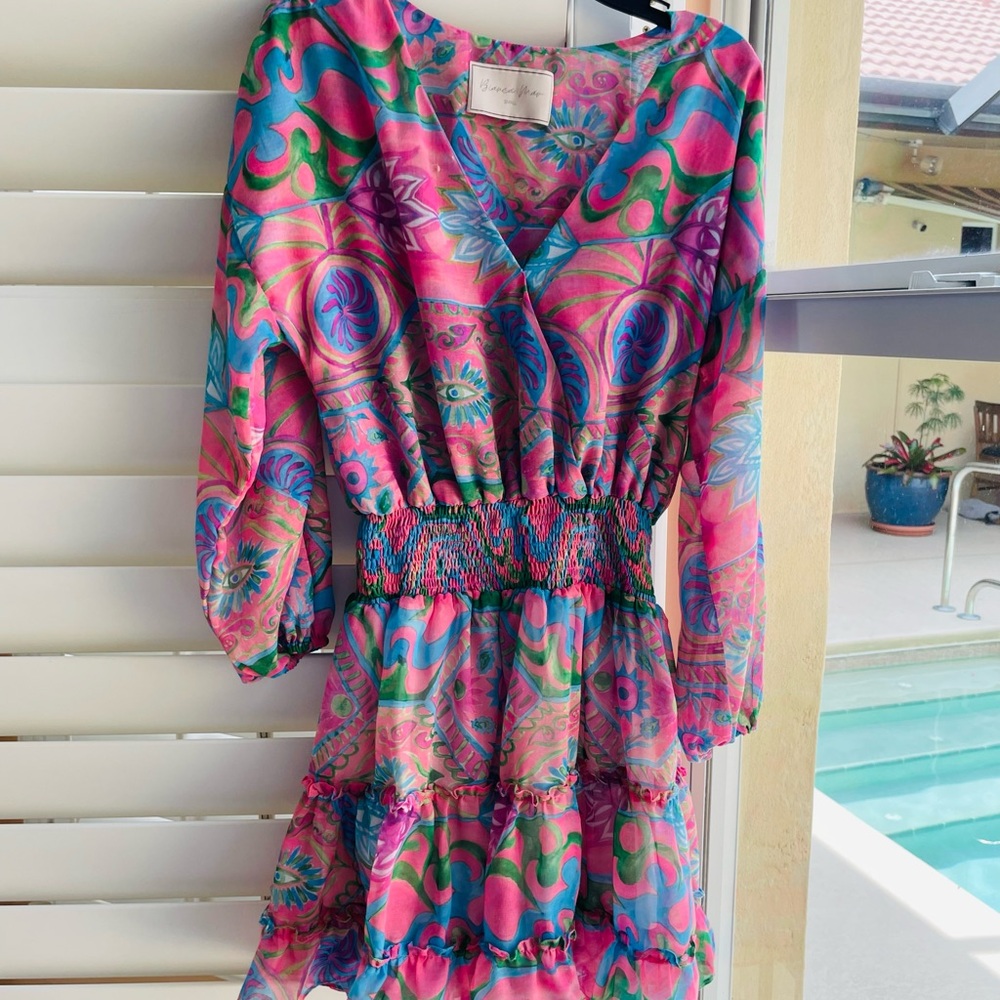Colorful Floral Eye Print Ruffled Tiered Sheer Rayon Elastic Mid Mini Dress XS/S